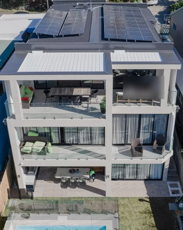 Aerial view of the rear terraces and pool