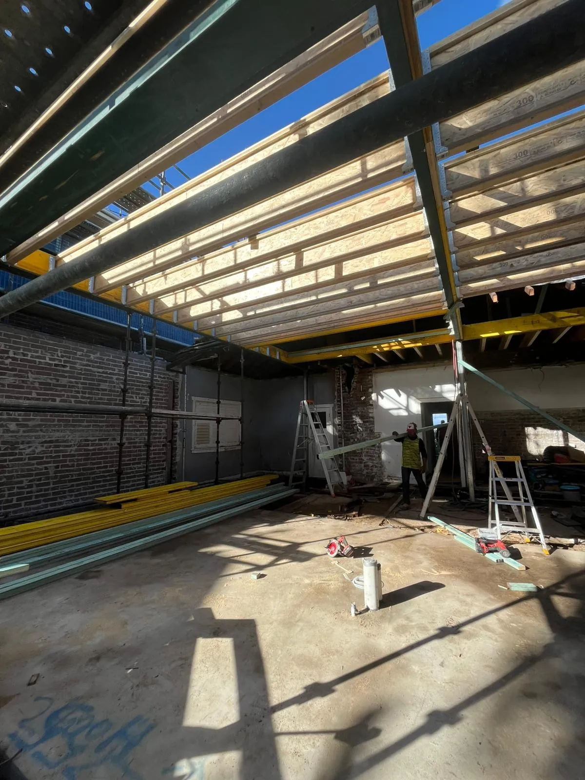 Steel beams and new roof framing, Kingsford