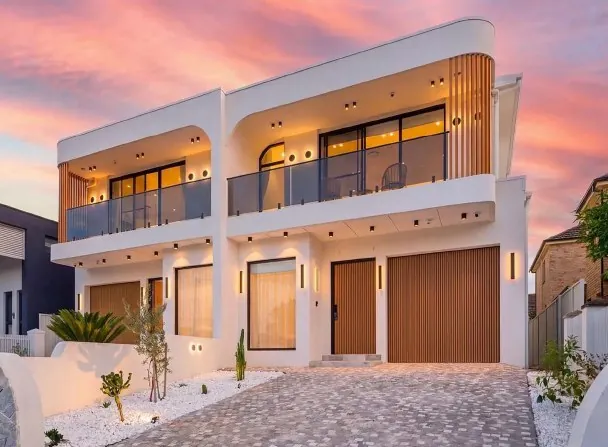 Completed duplex at dusk, Padstow